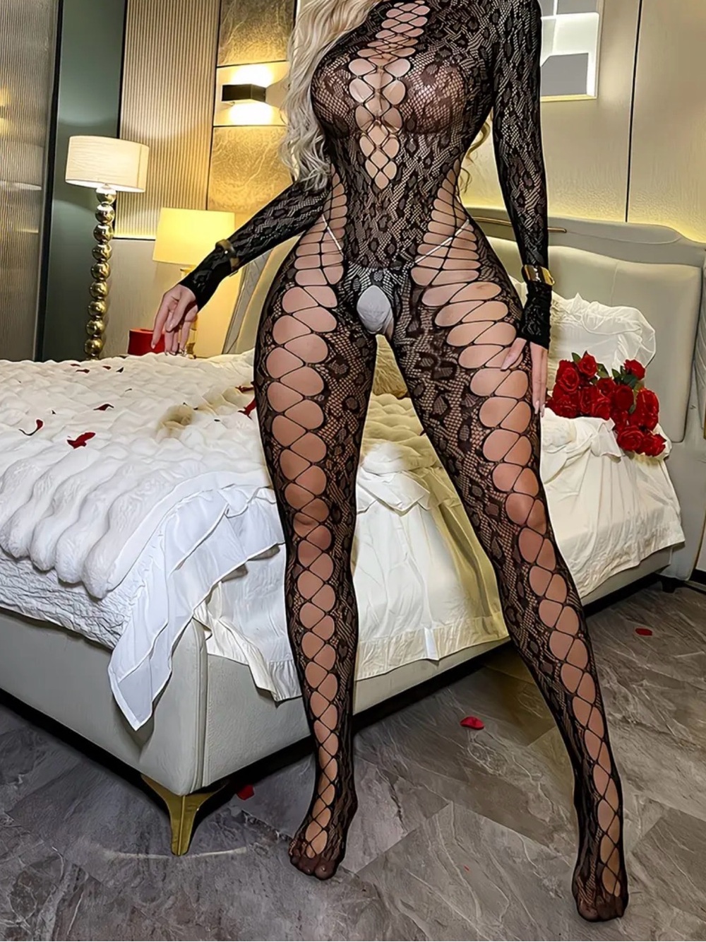 Black Lace Cutout Bodystocking - Women Intimates